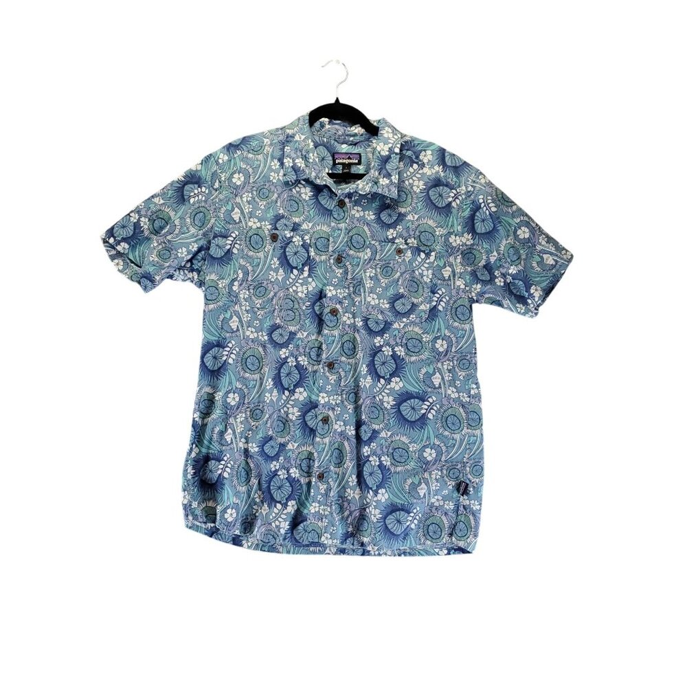 Patagonia Shirt Mens Large Blue Tropical Short Sleeve Hemp & Organic Cotton